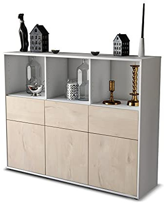 Stil.Zeit Highboard Kommode Theresia, Korpus Weiss matt, Front Holz-Design Zeder (136x108x35cm), Push-to-Open Technik & Leichtlaufschienen