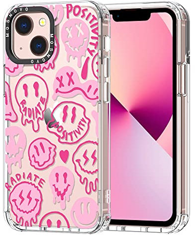 MOSNOVO für iPhone 13 Hülle – Durchsichtige, schlanke, stoßfeste TPU+PC-Handyhülle, [6,6 Fuß Fallschutz/Anti-Abziehen] - Rosa tropfendes Lächel-Gesicht mit positiver Ausstrahlung