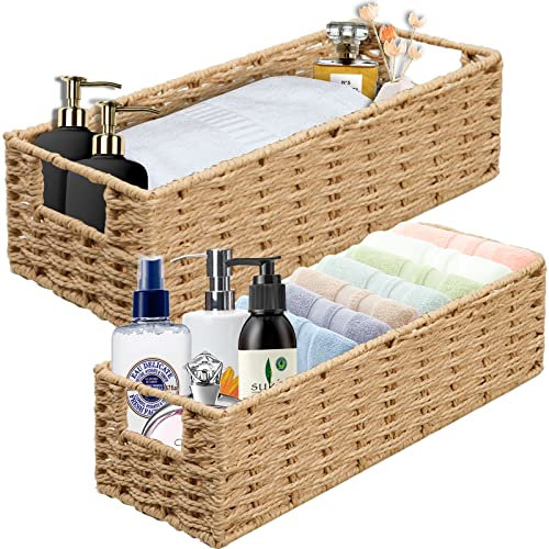 OUTBROS Panier de Rangement, Organisateur de Maquillage, Tissé Boite avec Poignées, Sac Osier, pour Cuisine, Salle de Bain, Bureau, Corde de Papier