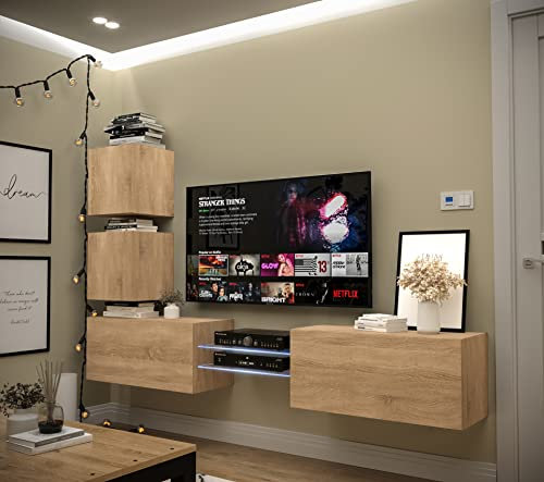 Furnitech Wohnwand Wohnzimmer | Wohnzimmer Möbel mit LED Weiß | Hängend Wohnwand Modern | Wohnzimmer Schrankwand mit Regale und TV Schrank (AN100-2S-M5-1B)