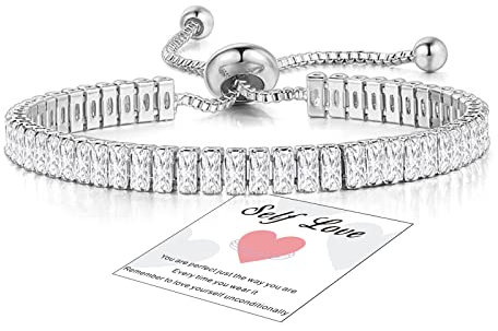 FUNTE Bracelet for Women Sterling Silver Tennis Bracelet Crystal Slider Bracelet Womens Bracelet Sparkle Diamond Zirconia Adjustable Bracelets for Girls Lady friendship bracelet Gift for Mother's Day