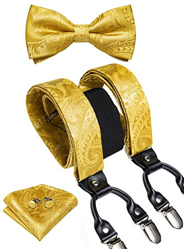 DiBanGu Paisley Fliege und Hosenträger für Herren Heavy Duty Clip Hosenträger Verstellbare Elastische Y-Back Herren Hosenträger, goldgelb, Einheitsgröße
