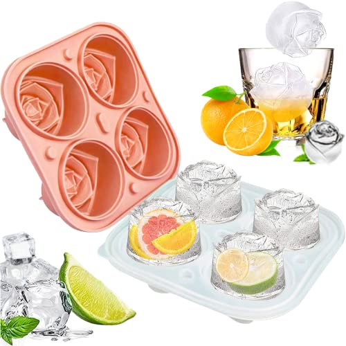 Moldes de hielo en forma de rosa de silicona 3D - 4 agujeros para whisky, rosa, cubitos de hielo, cócteles, bourbon, jugo, bebidas de verano