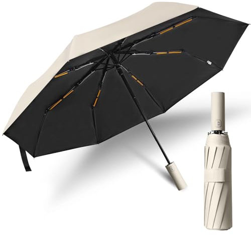 OXTXO Kompakter Reise-Regenschirm mit UV-Schutz – Automatisch Öffnen & Schließen, Winddicht, Leicht & Faltbar, Kleiner Taschenschirm für Damen & Herren, ideal für Handtasche oder Auto (Beige)
