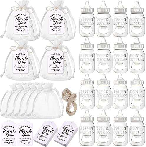 24Pcs Baby Bottle Opener, Poppin Baby Bottle Shaped Bottle Opener Baby Shower Favors with Thank You Tags, Baby Shower Return Gifts for Guest Kids Birthday Gifts Souvenirs (Silver)