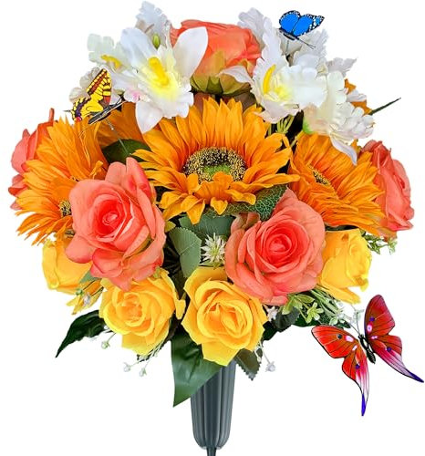 HENOMO Seidenfriedhofsblumen für Grab mit Schmetterling und Vase, nicht blutend, künstliche Rose, Sonnenblume und Cattleya-Orchidee, Grabarrangement, einfache Montage