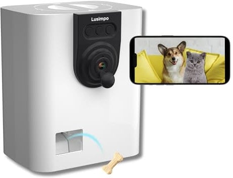 LUSIMPO [2023 Summer Release] Pet Camera with Treat Dispenser, Treat Tossing for Dogs/Cats, Smart WiFi Dog/Cat 1080P HD Camera, Live Video, Auto Night Vision, 2-Way Audio, Free App, No Monthly Fee