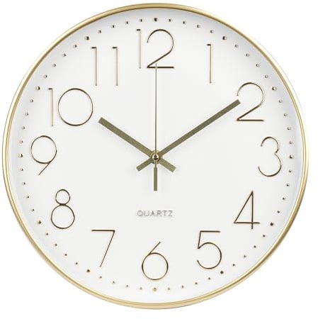 bakbrand Wall Clock 12 Inch Non-Ticking Silent Modern Simple Style Round Decor Clock Gold Stereoscopic Dial Quartz Wall Clocks for Home/Office/School/Living Room/Bedroom/Kitchen