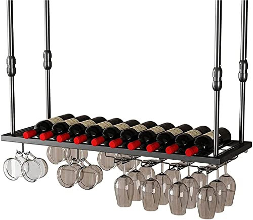 Schwarzes Weinregal, an der Decke hängender Weinflaschenhalter, Stielgläser, Weinaufbewahrungsregal, Küchenbar, Wand, schwebendes Glas, Dekorationsregale aus Metall – verstellbar (Größe: 100 cm