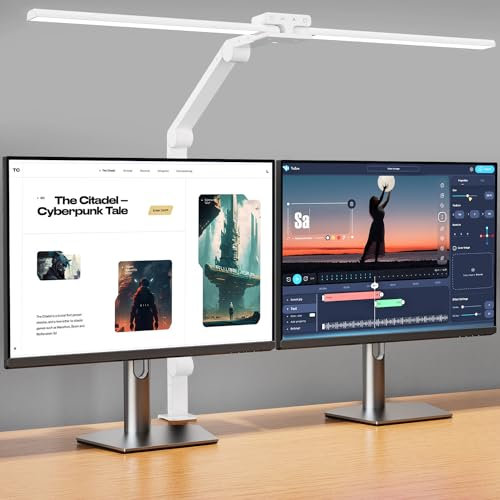 KableRika 24W Lámpara Escritorio LED con pinza, 80cm Flexo Escritorio de Doble Cabezal, Luz de Arquitecto Regulable, luz monitor con Temporizador, 1200 lúmenes para Oficina en el Hogar - Blanco