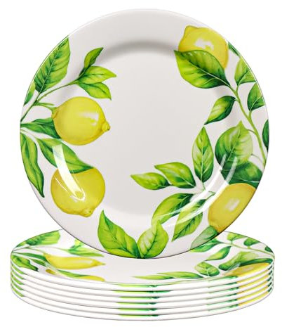 MEYREMUI Melamine Lemon Plates Set, 9 Dinner Plates Salad Dessert Plates, Set of 6, Break Resistant, Lightweight, Dinnerware for Indoors and Outdoors, Dishes for Party Camping, Multicolor, MA-TP004