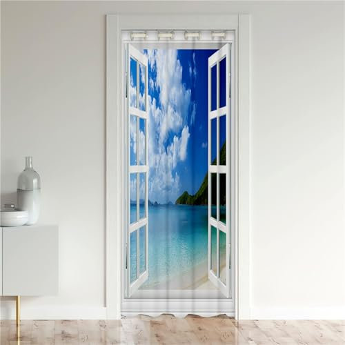 Odot Rideaux de Porte à Oeillets, Motif Paysage Marin Vue Mer Rideau de Porte Interieur Occultant Rideau de Séparation de Pièce Rideau de Porte à Isolation Thermique (120x200cm,Océan Bleu)
