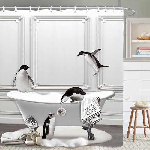 Yookeb Lustiger Pinguin-Badezimmer-Duschvorhang, 152 x 180 cm, niedliches Kinder-Design, Antarktis, Polartier, Polyestergewebe, 12 Kunststoffhaken, wasserdichte Dekoration