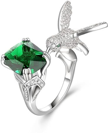 EVER FAITH Hummingbird Offene Ringe Kissenschliff Grün Cubic Zirkonia Niedlicher Vogel Spirituelles Tier Verstellbarer Statement Ring Dainty Stacking Schmuck Geschenke für Geburtstag Muttertag