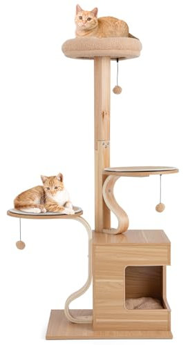 GYMAX Arbre à Chat en Bois à 4 Niveaux 129 CM, Poteaux Solides en Bois Massif, Condo et Perchoir Confortables, Coussins en Peluche, Centre de Divertissement pour Chat
