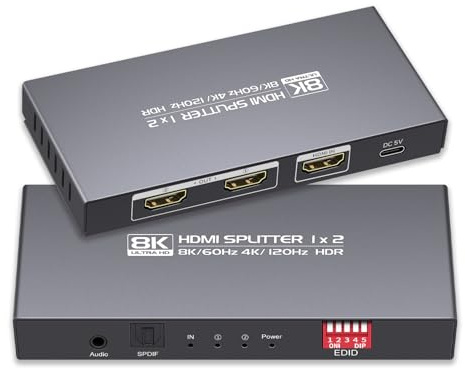 diaogenlee 8K HDMI-Splitter, 1-in-2-Ausgang, 4K120Hz, HDMI 2.1-Splitter, 1x2, 8K60Hz, Downscaler-EDID-Modus, mit Spdif, 3,5-mm-Audio-Ausgang, kompatibel mit Xbox Series X, PS4 Pro, PS5, Blu-ray-Player