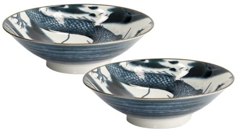 TOKYO Japonism Drachen-Schalen 2er Set, große Suppen- & Ramen-Schalen, dunkelgrau-weißes Porzellan, Ø 25,2 cm, 1600 ml, japanisches Design, Servierschalen für Nudeln & Salate