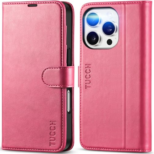 TUCCH Wallet Case with 4 Card Slots for iPhone 16 Pro (6.3) 2024, Hot Pink | RFID Blocking, Viewing Stand, Shockproof TPU, Premium PU Leather, Magnetic Closure, Foldable Folio Flip Cover