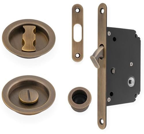 Sliding Pocket Door Lock & Latch Set - Antique Brass Rounded Forend Finger Pull
