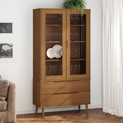 Willood Vitrinenschrank Vitrine mit 2 Schubladen 4 Fächern, Bücherregal mit UV-Lackierung, Bücherschrank Schrank Büroschrank MOLDE Braun 90x35x175 cm Massivholz Kiefer
