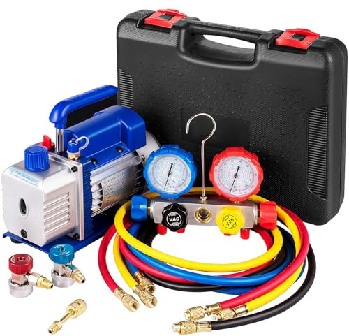 VEVOR Pompe à Vide Climatisation, 136 L/Min, Pompe à Vide Frigoriste CVC 1/3 HP avec Kit Jauges de Collecteur à 4 Voies et Tuyau 1440 TR/Min Sac de Transport pour Climatiseur Automobile Réfrigération
