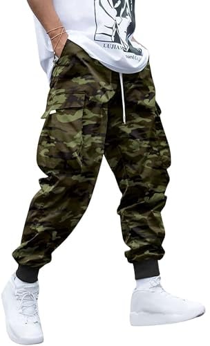 YAOHUOLE Men's Cargo Trousers Cuffed Cargo Joggers Casual Drawstring Pants Elasticated Waist