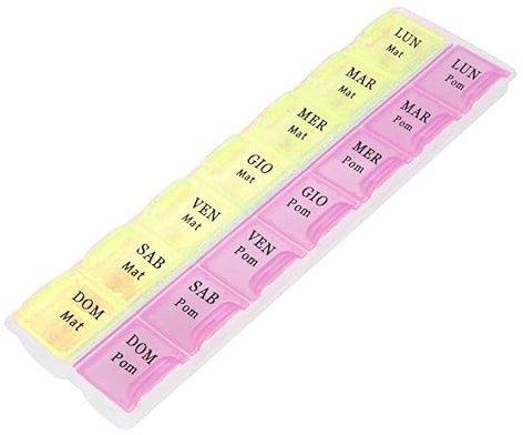 UDILEO Portapillole Settimanale Italiano, Portapillole Giornaliero per 7 Giorni, Porta Pastiglie da Viaggio, Portapillole a 14 Scomparti Grande Stampa Pill Organizer 2 Volte al Giorno (Giallo e Rosa)