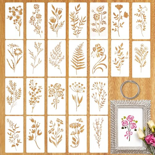 JJUNW 24 Stück Blätter Malerei Schablone, Blumen Wildblumen Wiederverwendbare Zeichenschablonen Weihnachten Schablonen Set für Scrapbooking Fotoalbum Wand Boden Deko (15 x 7,5 cm)