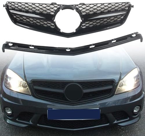 FINMOKAL W204-Grill, Frontkühlergrill, Frontstoßstangengrill, kompatibel mit Benz W204 C63 AMG 2008-2011, Schwarz