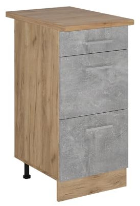 Vicco Küchenunterschrank R-Line, Schubladenschrank für die Küche, Beton, 40 cm mit Schubladen, AP Eiche