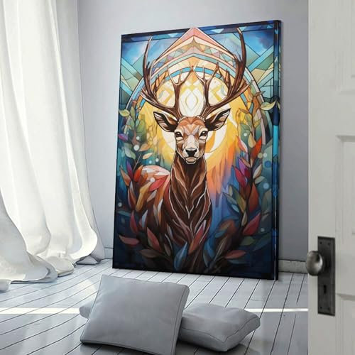 TBDUEPS Günstiger Leinwanddruck mit Hirsch-Buntglas für Wohnzimmer, Küche, Heimdekoration, moderne Wandkunst, 20 x 30 cm