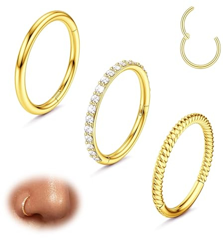 Diamday 3stk Nasenpiercing Ring 316L Chirurgenstahl Septum Ring Nasenring Piercing CZ Helix Conch Tragus Daith Piercing Ohr Gold 16G 18G Clicker Lippenring Knorpelohrring Hoop Silber 8mm 10mm