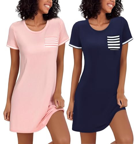 Bresdk Chemise de Nuit Femme Manches Courtes Cotton T Shirt de Nuit Sexy Vêtements de Nuit Col en V Robe de Nuit Court,Bleu + Rose,XL