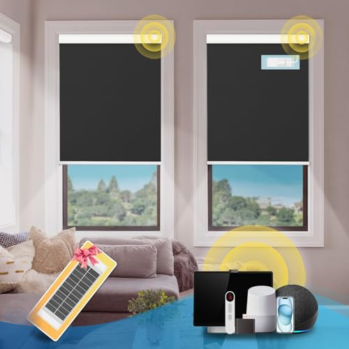 DENFOON Motorized Blinds with Remote,Thermal Electric Blinds【Solar Panel】,Customizable Automatic Roller Shades, Blackout Remote Control Blinds for Windows Upgrade to Smart Blinds, Black,34 W x 72 H