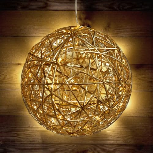 Leuchtkugel 20 cm mit Goldband umwickelt warm weiß mit Timer - 30 LED - Weihnachts Deko Leuchte zum Hängen Batterie betrieben - K2ugelleuchte Weihnachten Stimmungslicht Advent Deko Kugel beleuchtet