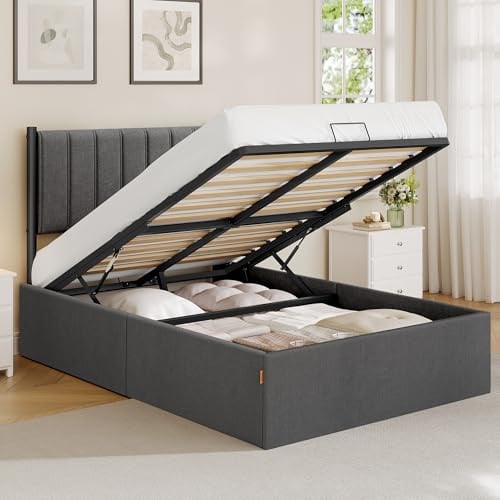VASAGLE Small Double Bed Frame, 120 x 190 cm, Ottoman Bed with Lift-Up Storage, Hydraulic Lift, Modern Minimalist, Easy Assembly, Slate Grey RMB610GN01