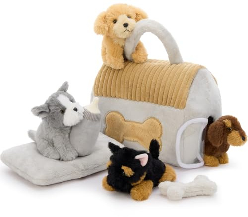 MorisMos 8pcs Dog House Teddy Soft Toy Set, 25cm Dog House Stuffed Animal Plush Cuddly with 4 Puppies,Bottle, Bed Pad & Bone, Lifelike Kawaii Presents for Kids Girls Boys Birthday Party Decorations