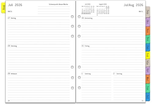 2026 2027 Wochenplaner Einlage A5 6 Löcher, auf Deutsch, 1 Woche 2 Seiten mit Monatsübersicht Notizen Kontakt, Aug 2026 - Jul 2027, 100 GSM Kalendereinlage für Kalender 2026/27 Planer Organizer