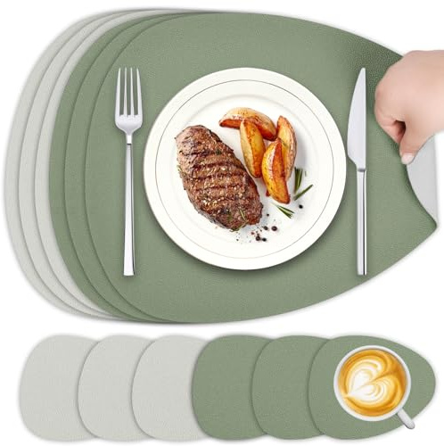 YIHELU Tischsets Abwaschbar und Untersetzer 6er Set, Oval Platzsets Abwaschbar Doppelseitigen Kunstleder rutschfest & Einfache Reinigung, Platzdeckchen Abwischbar für Küche & Esszimmer