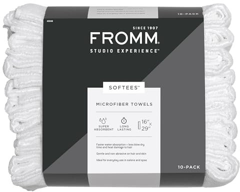 Fromm Softees Microfiber Salon Hair Towels for Hairstylists, Barbers, Spa, Gym in White, 16 by 29, 10 count Perfect Hair Care Towel for Drying Curly, Long, Wavy Hair