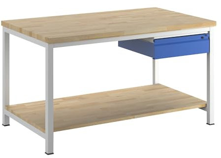 Werkbank, Gestellbauweise, 1 Schublade Größe L, 1 Ablageboden Buche massiv, Tiefe 900 mm, Breite 1500 mm.