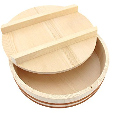 BambooMN Hangiri Oke - Cuenco de enfriamiento de arroz para sushi de 15.3 pulgadas con tapa, 1 pieza, tamaño jumbo