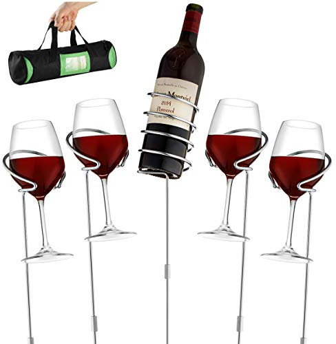 Wine Bottle & Cup stakes Holder Rack - Adjustable Height to 36 INCHES, Durable Metallic Frame, Sturdy Base & Secure Grip | Holds Bottles Of Wine, Beer,Champagne,Beverages,Glasses& More 5 Pieces Set