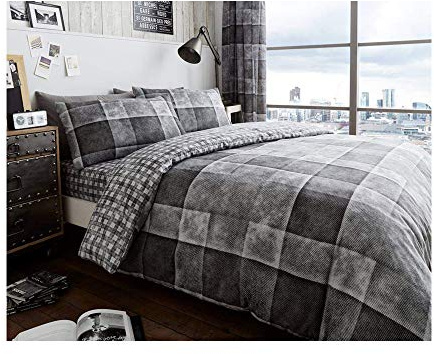 De Lavish Duvet Cover Set Super King Size superKing Bed With Pillowcases Quilt Bedding Set Printed Reversible Poly Cotton, Denim Check Grey