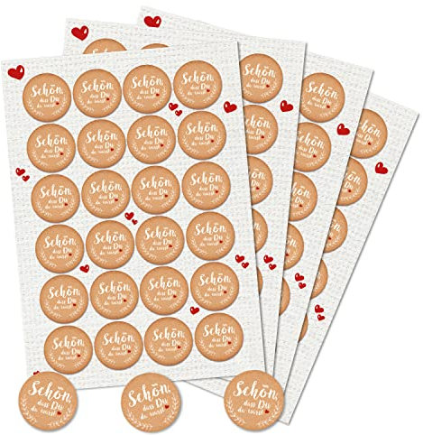 Logbuch-Verlag 96 Schön dass Du da WARST Aufkleber Gastgeschenk Etikett Sticker selbstklebend Geschenkverpackung beige rot weiß Kraftpapier Optik rund 4 cm give-away Gäste