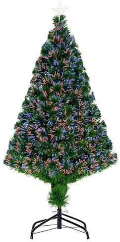 HOMCOM Sapin de Noël Artificiel Lumineux 120H cm Fibre Optique Multicolore + Support Pied 130 Branches étoile Sommet Brillante Vert