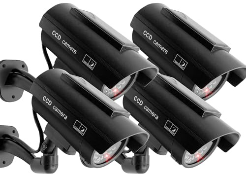 F FINDERS&CO Solar Powered Fake Security Camera, Bullet Dummy Security Camera Surveillance System with Realistic Red Flashing Lights Indoor Outdoor (4 Black)