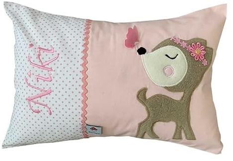 Glückspilz Namenskissen Babykissen I REH Bambi I mit Namen personalisiert I Geschenk zu Geburt, Taufe oder Geburtstag I Rosa