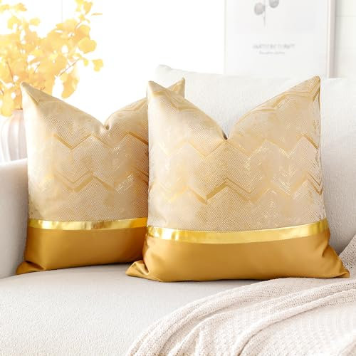Artscope 2er Set Kissenbezug für Sofa Auto Schlafzimmer Luxuriöser Moderne Minimalist Goldenen Ledernähten Wellenstreifen Dekokissen Kissenhülle Kissen Fall 45x45cm (Golden)