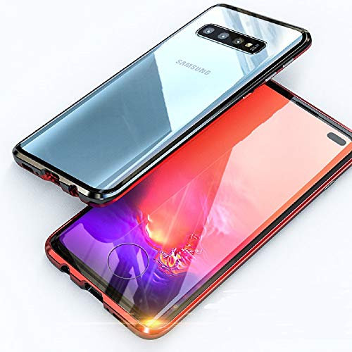 Handyhülle kompatibel mit Samsung Galaxy S10+/S10 Plus Case Magnetische Adsorption Metallrahmen 360 Grad Full Body Schutz Handyhülle Vorne hinten Gehärtetes Glas Schutzhülle Einteiliges Case,Rot